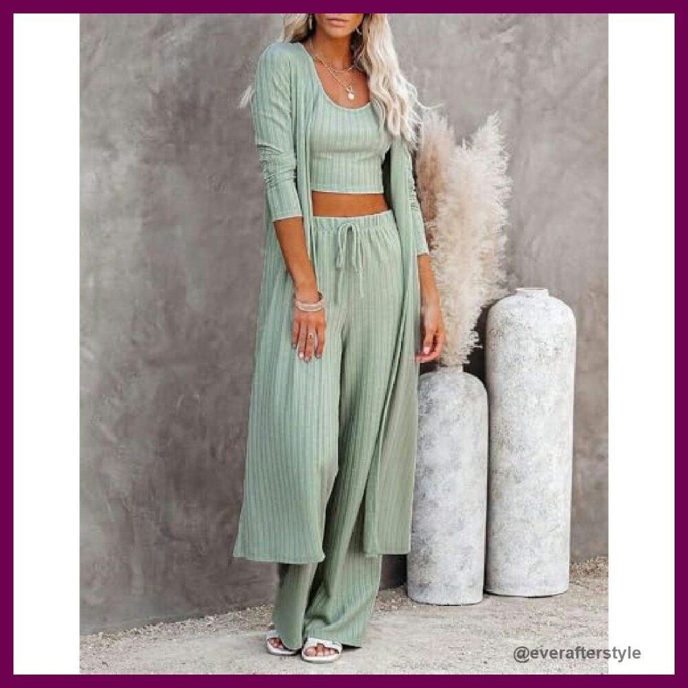 3 Piece Lounge Set Knit Cardigan Crop Top Wide Leg Pants Comfy Chic - Picture 3 of 8